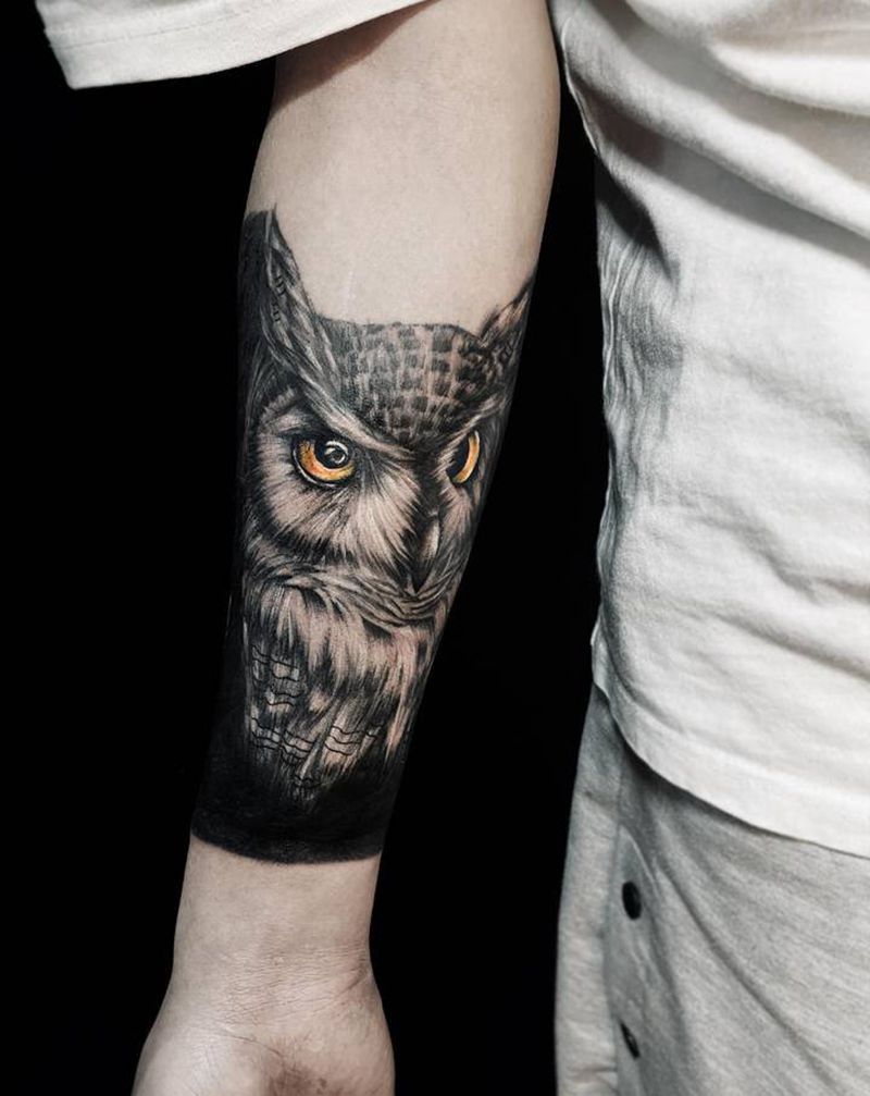 猫头鹰纹身图片_手臂欧美写实纹身图案