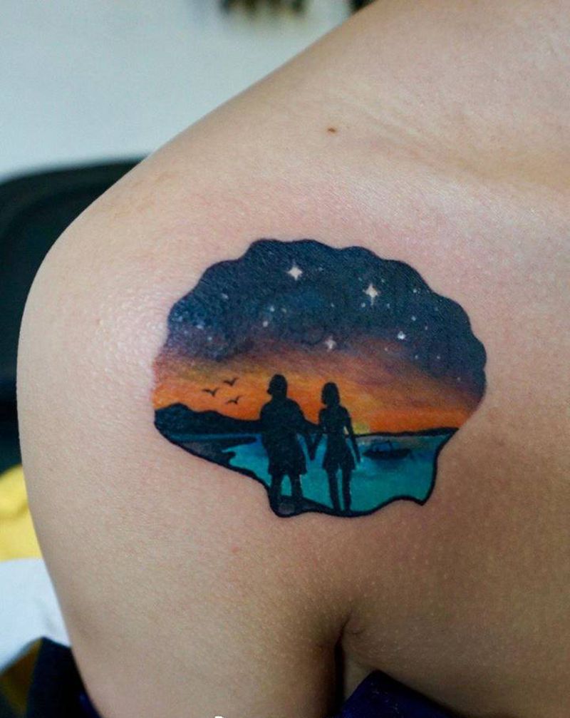 遮盖 星空纹身图片_肩部星空纹身图案