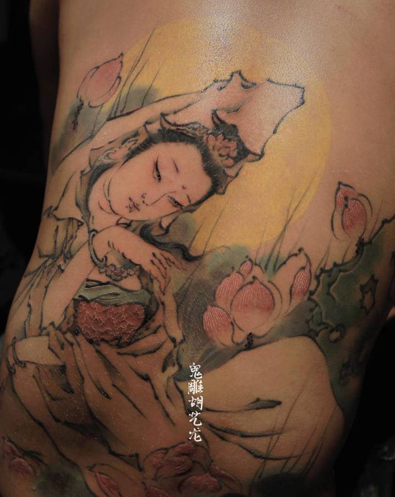 观音大士纹身图片_手部腰部水墨新传统中国风仕女观音纹身图案