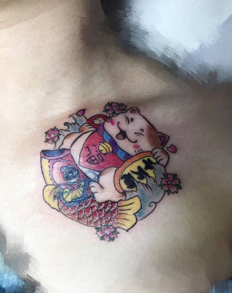 招财猫遮盖纹身图片_颈部胸部新传统New School纹身图案