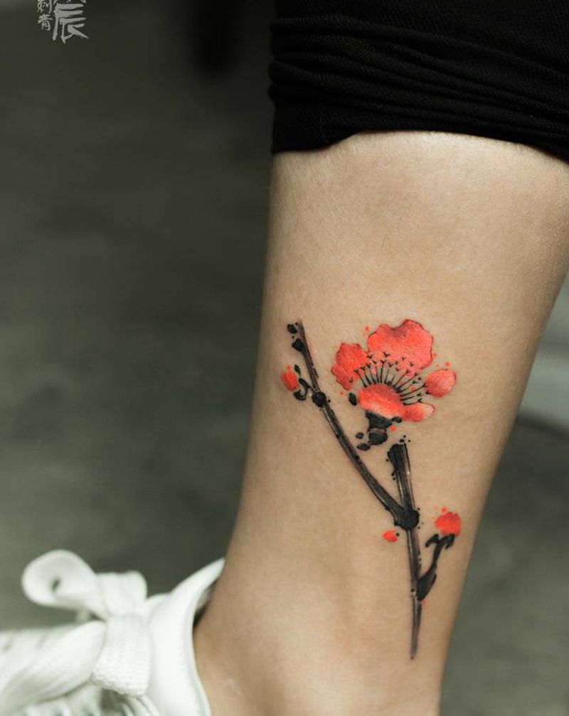 脚花纹身图片_腿部脚部水墨水彩纹身图案