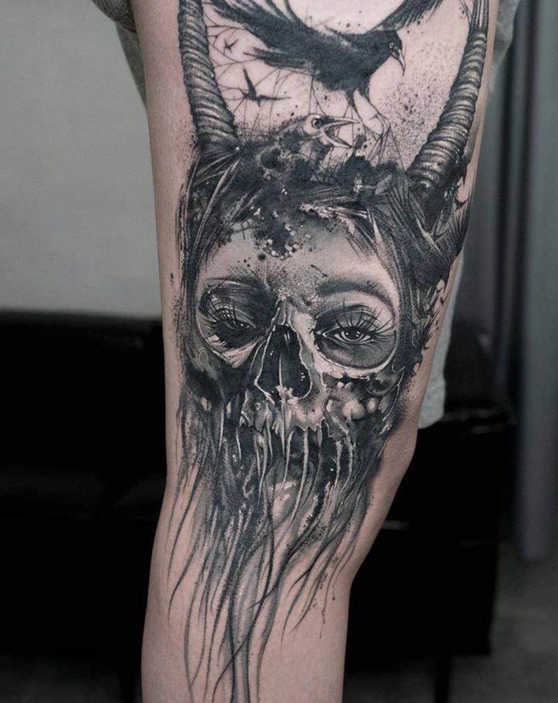 I see you！纹身图片_腿部欧美写实Black work暗黑纹身图案