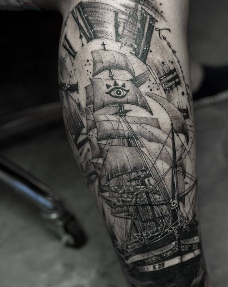 帆纹身图片_腿部欧美写实水彩帆船纹身图案