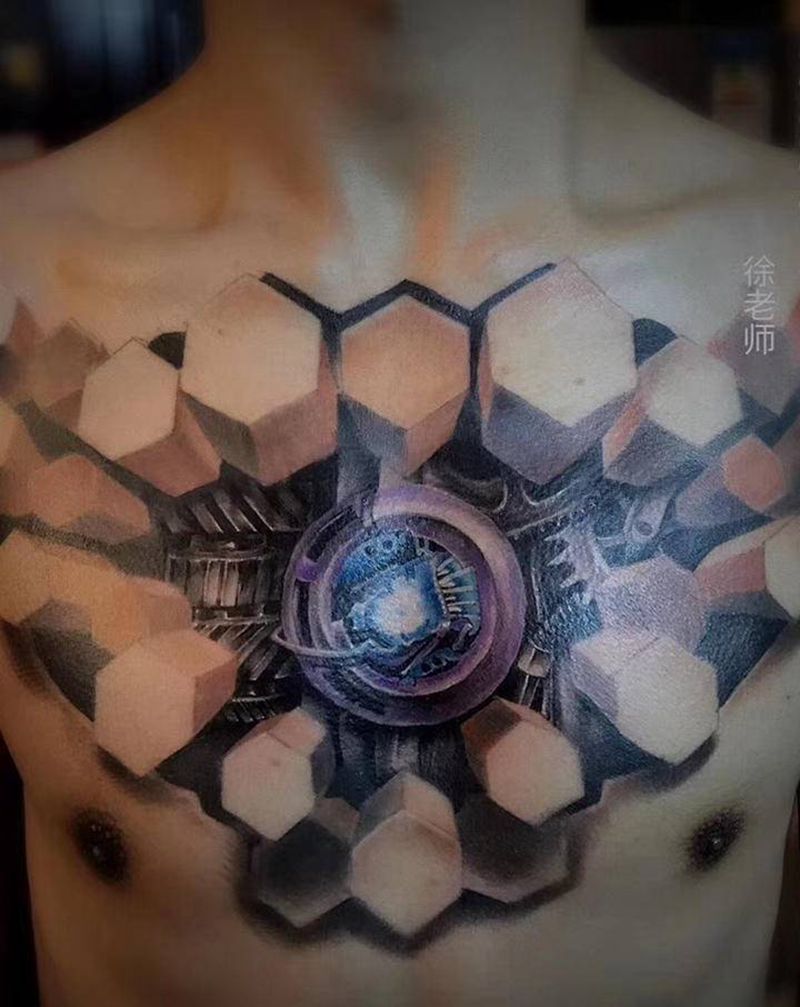 机械纹身图片_胸部欧美写实机械纹身图案