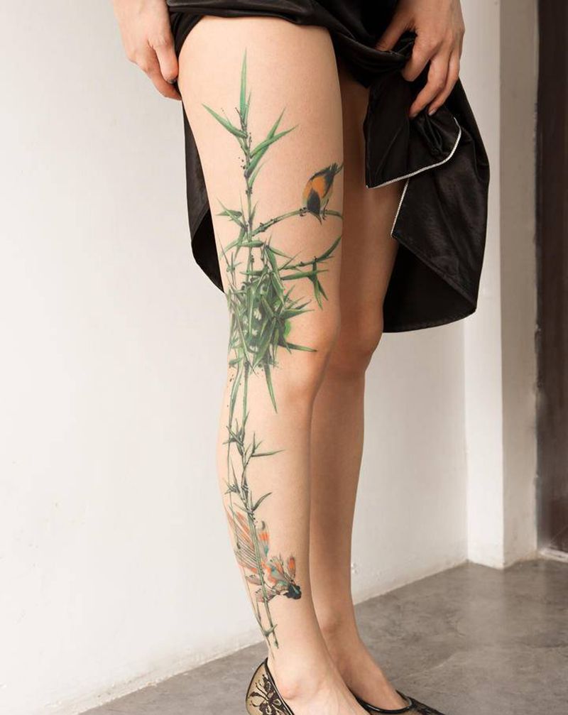 飞鸟与鱼纹身图片_腿部脚部水墨水彩纹身图案