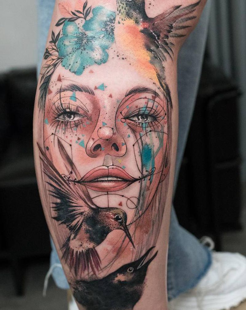 傲娇少女【五】纹身图片_腿部脚部水彩水墨纹身图案