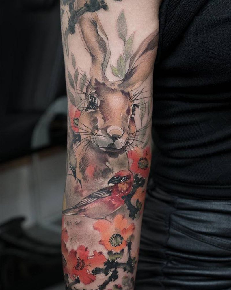 兔先生与鸟小姐纹身图片_手臂手部新传统水彩纹身图案