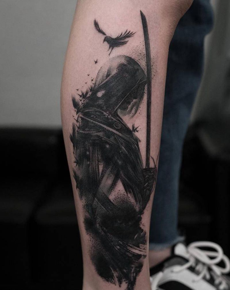 干掉这个假期纹身图片_脚部腿部水墨水彩纹身图案