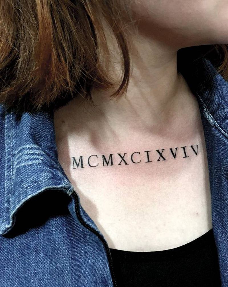 罗马数字纹身图片_胸部花体字纹身图案