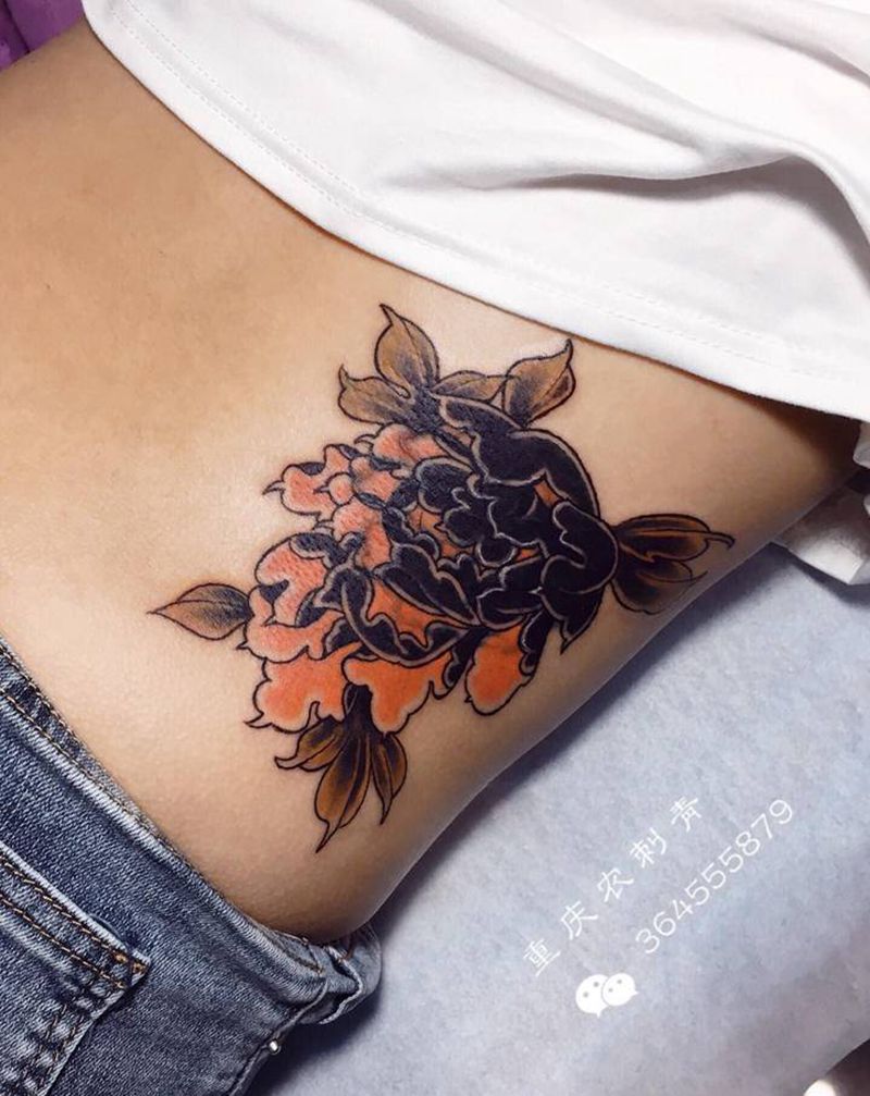 富贵牡丹遮盖纹身图片_腰部臀部新传统水彩牡丹遮盖纹身图案