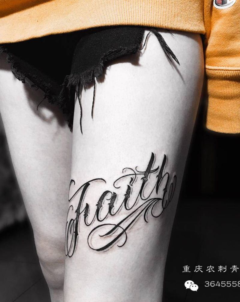 奇卡诺纹身图片_腿部臀部花体字英文信仰奇卡诺纹身图案