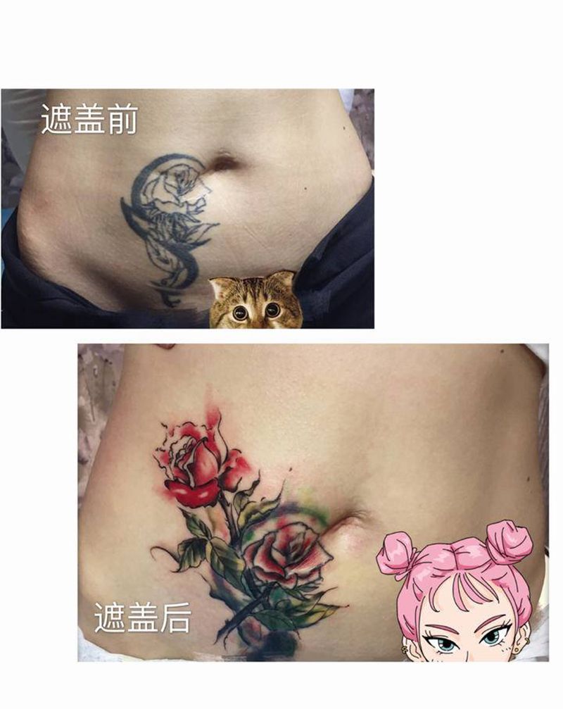 旧纹身疤痕遮盖纹身图片_腹部新传统水墨玫瑰花疤痕遮盖纹身图案