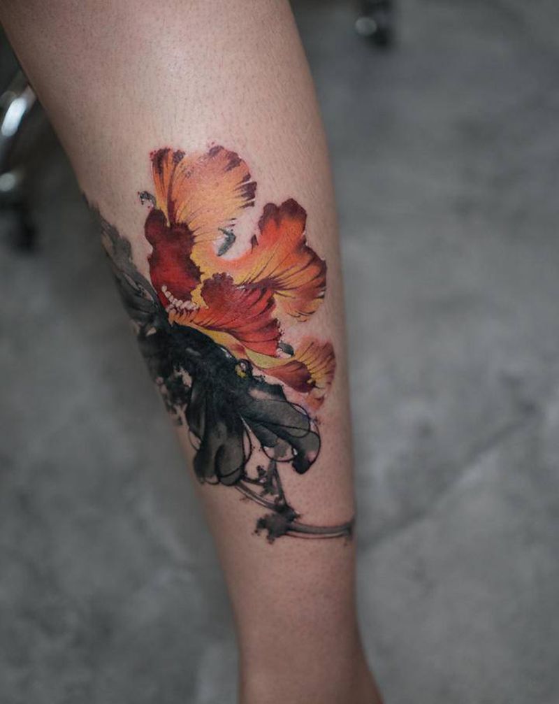 盛开的季节纹身图片_腿部脚部水墨水彩纹身图案