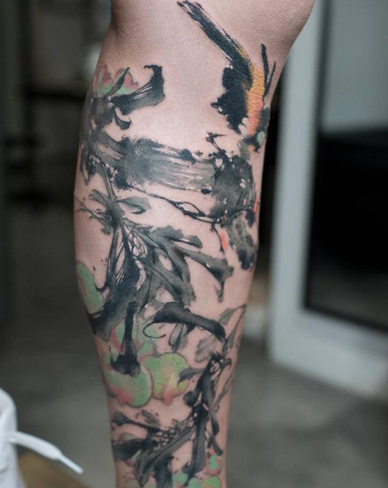 百果园纹身图片_脚部腿部水墨水彩纹身图案
