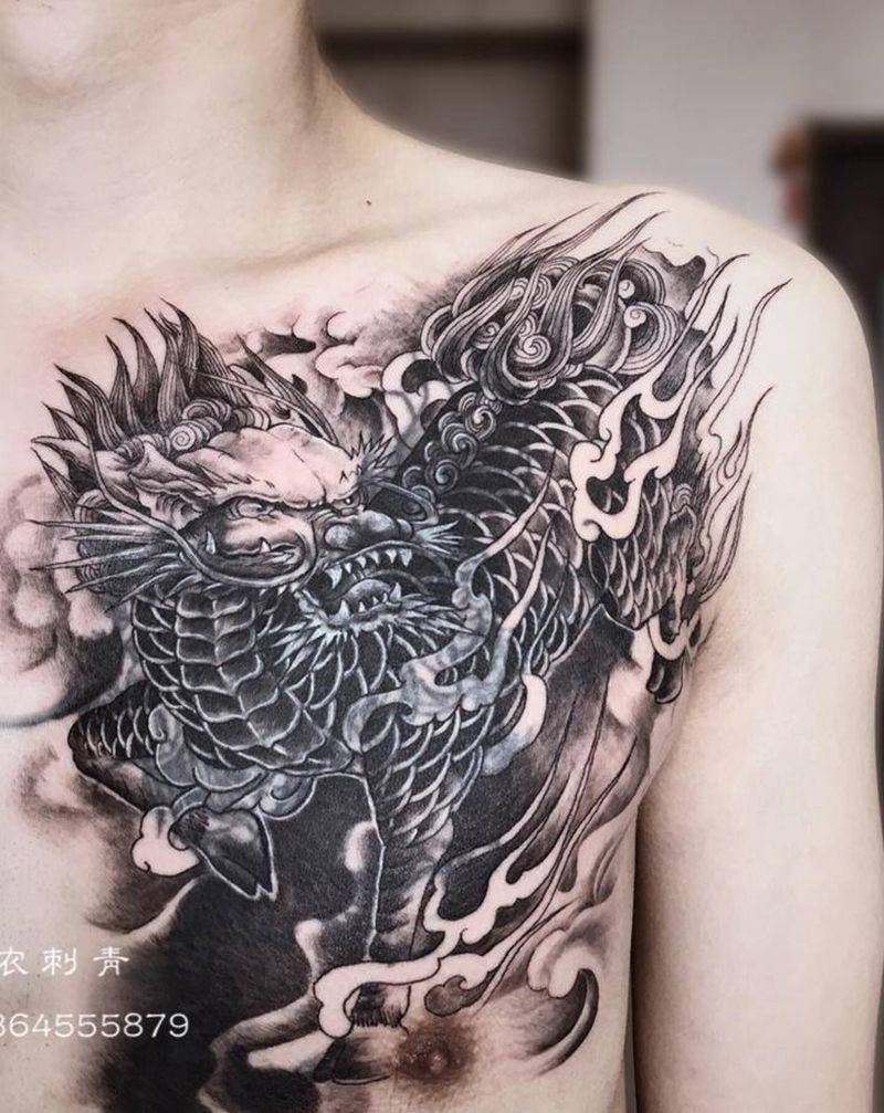 半甲麒麟锦鲤遮盖失败纹身纹身图片_胸部肩部新传统老传统麒麟鱼半甲纹身图案