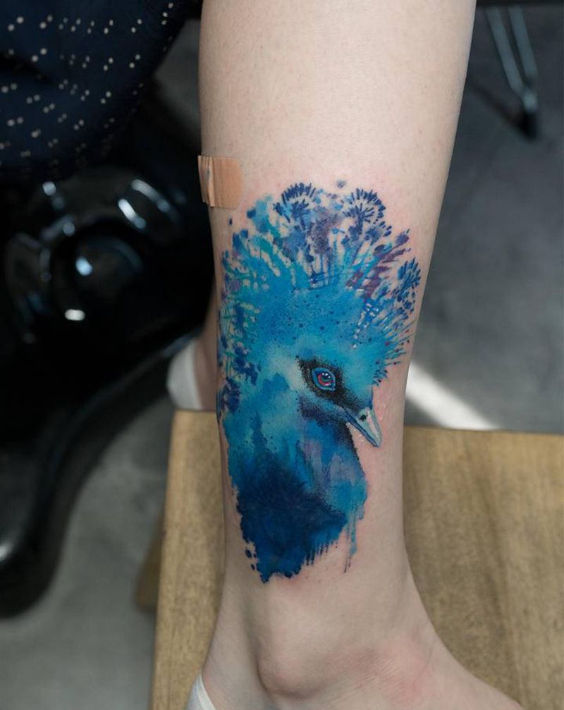 蓝色星期三纹身图片_脚部腿部水彩New School纹身图案