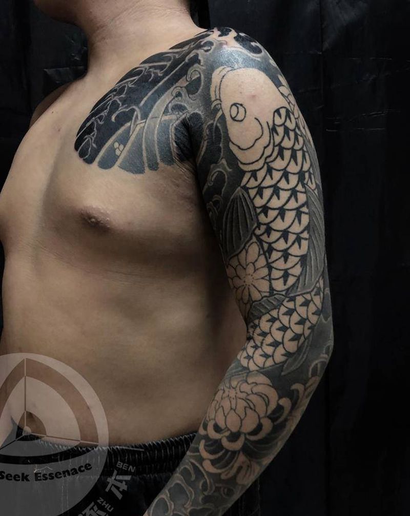 日式鱼纹身图片_手臂老传统鱼老传统纹身图案