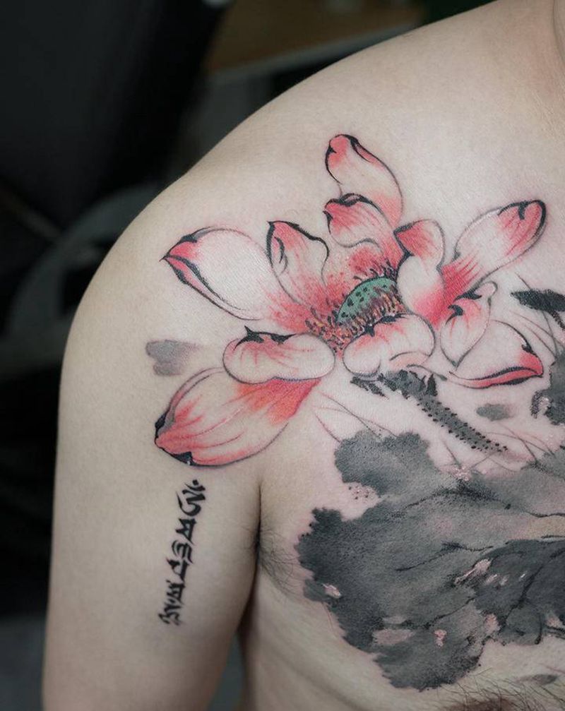 荷气生财纹身图片_手臂胸部水墨水彩纹身图案