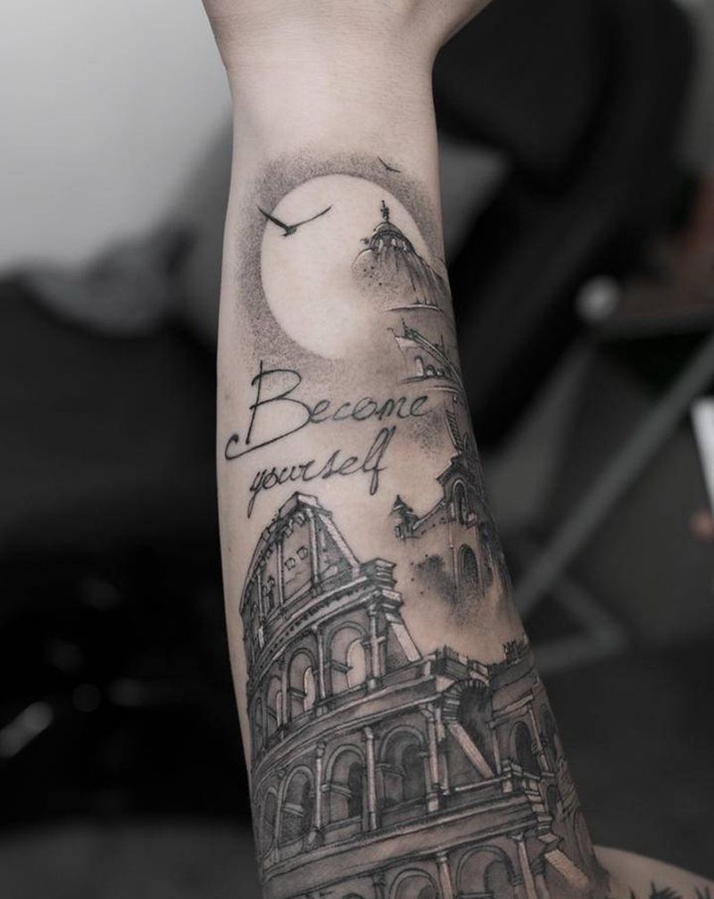 罗马纹身图片_手臂手部水彩New School纹身图案