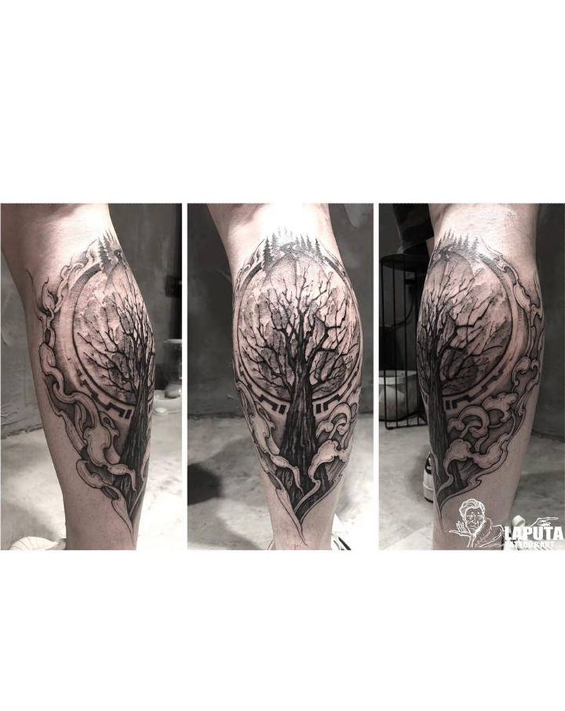 新世纪纹身图片_腿部点刺暗黑线条纹身图案