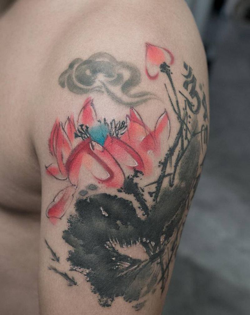 夏荷纹身图片_手部新传统水墨纹身图案