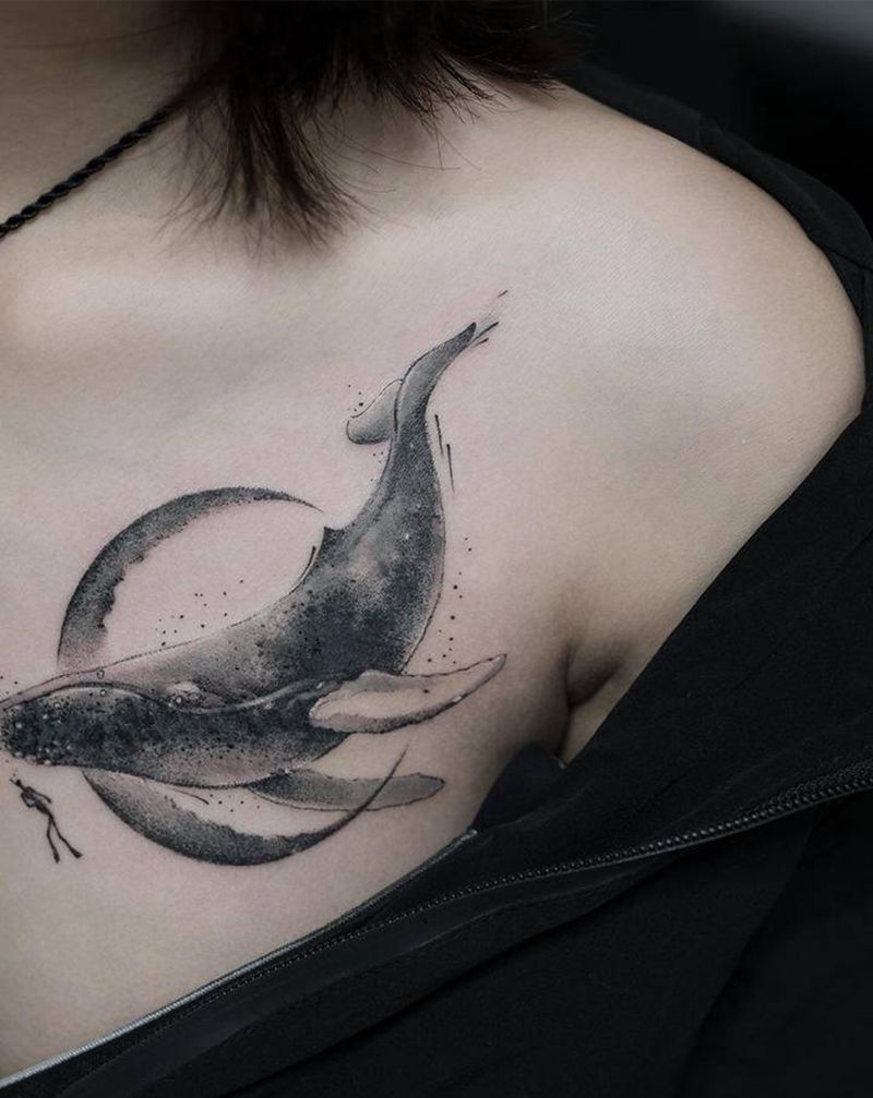鲸游纹身图片_胸部肩部新传统水彩纹身图案