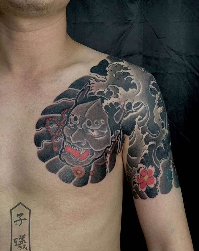 般若纹身图片_胸部老传统般若纹身图案