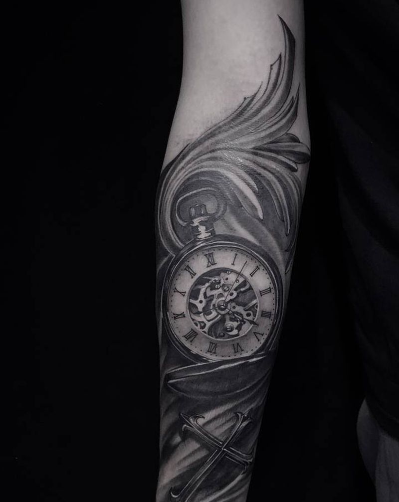时间管理者纹身图片_手臂欧美写实纹身图案