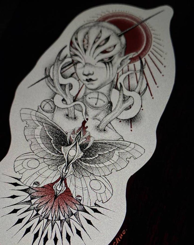 梦魔纹身图片_臀部腿部几何点刺纹身图案