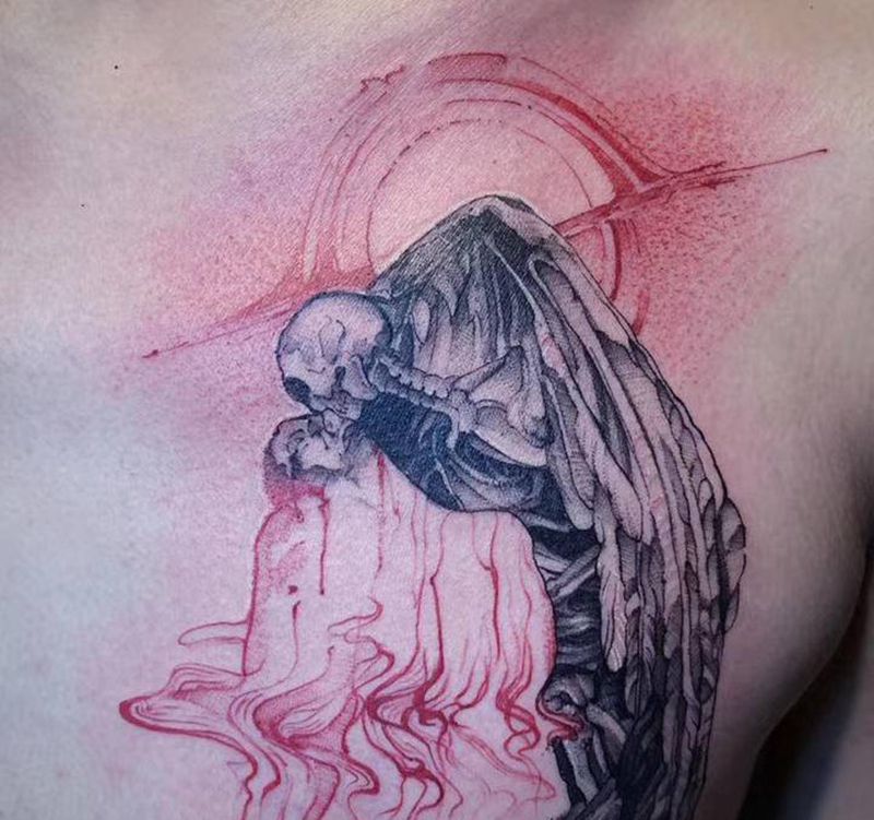 天使纹身图片_胸部点刺纹身图案