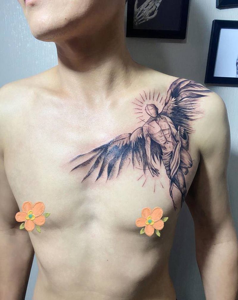 天使纹身图片_胸部新传统翅膀纹身图案