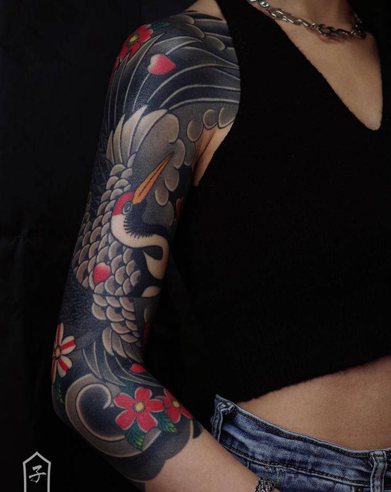 再见鹤.纹身图片_手臂老传统鹤七分袖纹身图案