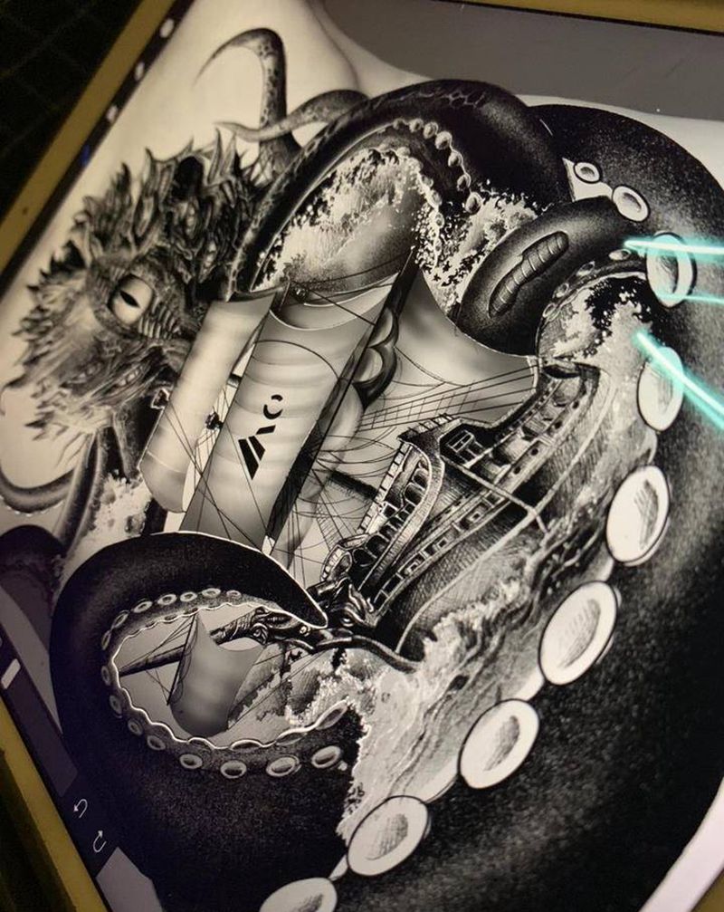 章鱼（暗黑）纹身图片_腹部点刺欧美写实纹身图案