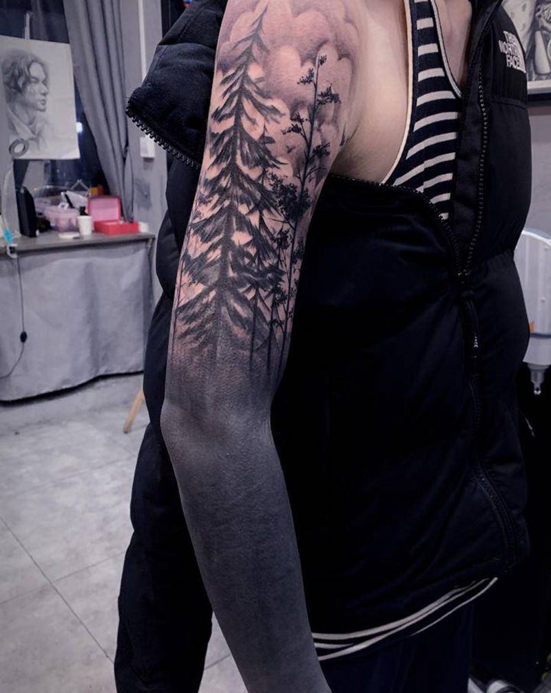 ▪️黑臂➕森林纹身图片_手臂水墨纹身图案