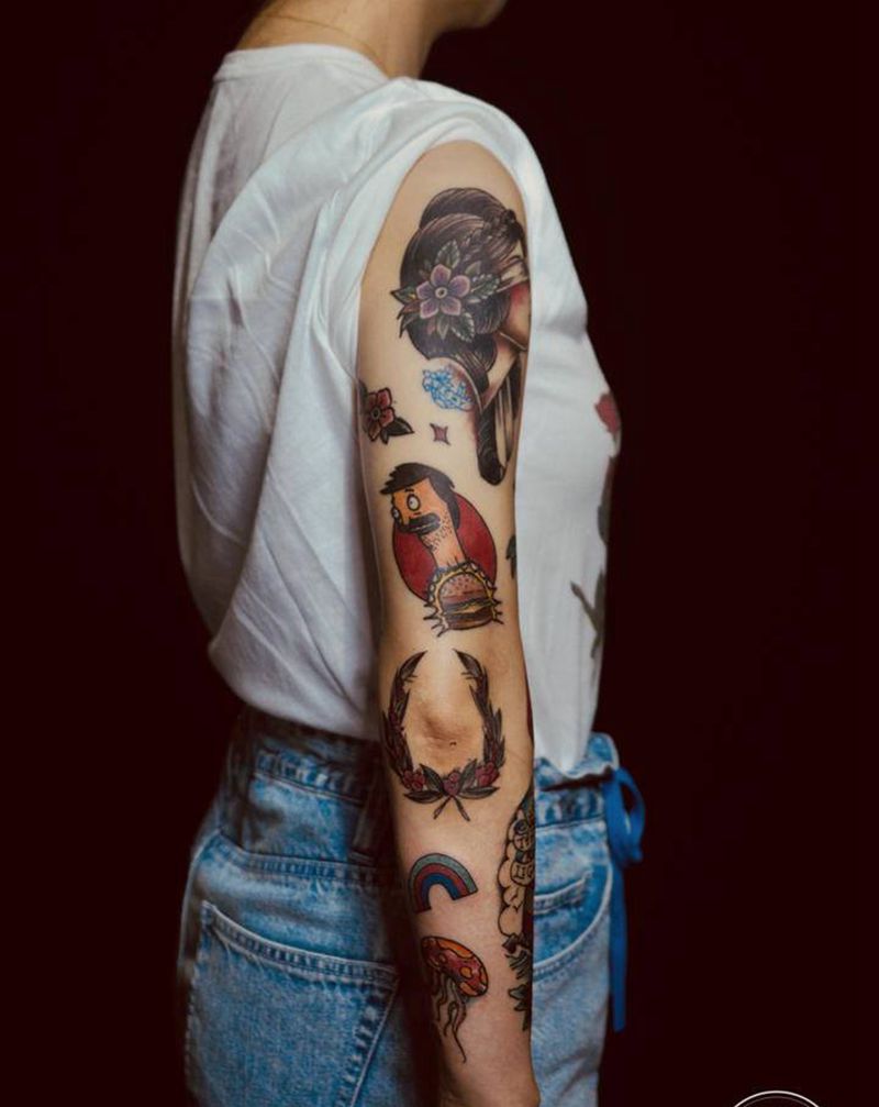 花臂拼接纹身图片_手臂Old School纹身图案