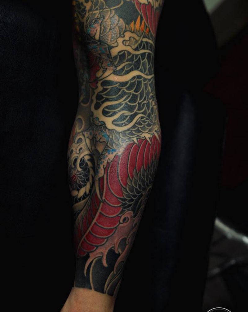 龙腿细节展示纹身图片_腿部老传统纹身图案