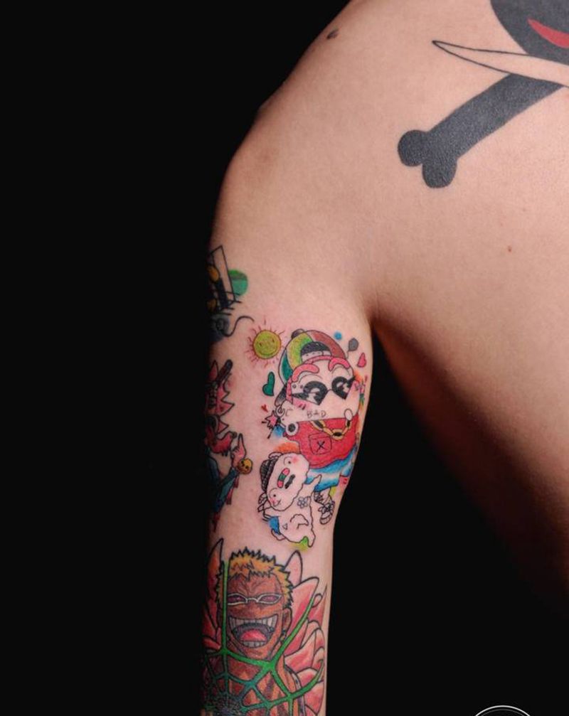 动漫人物拼接花臂纹身图片_手臂卡通动漫纹身图案