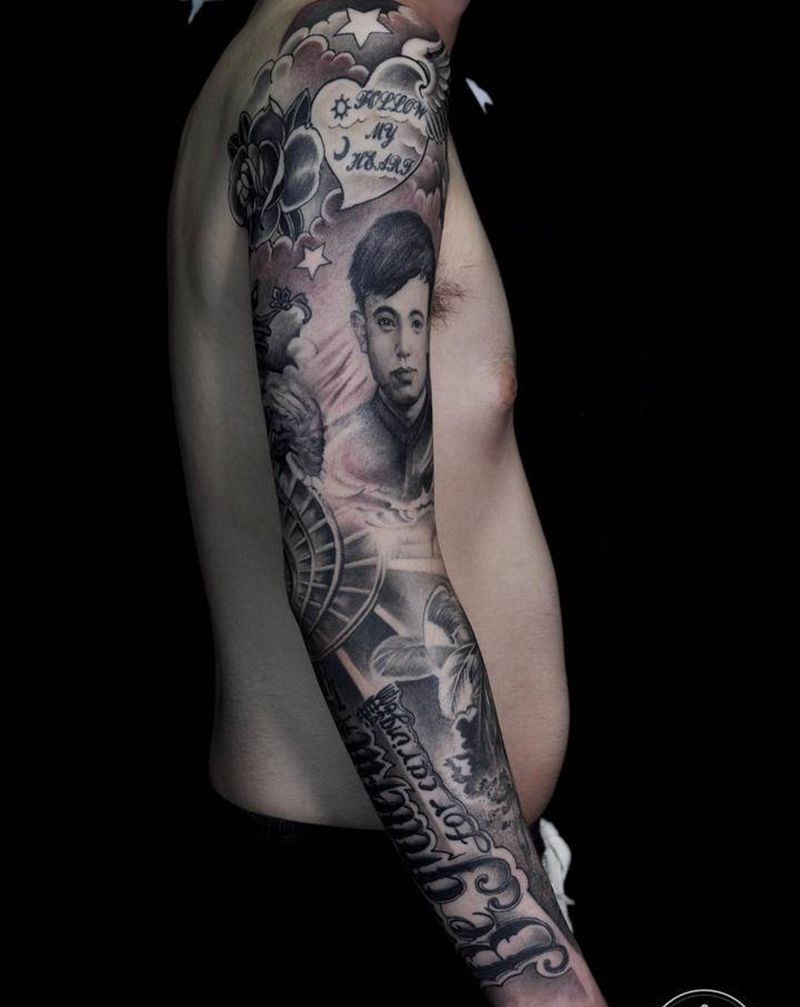 欧美写实拼接花臂纹身图片_手臂欧美写实纹身图案