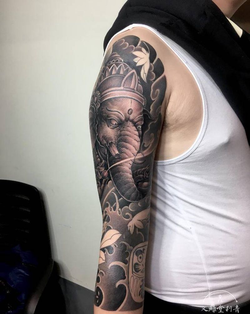 象神花臂纹身图片_手臂老传统纹身图案