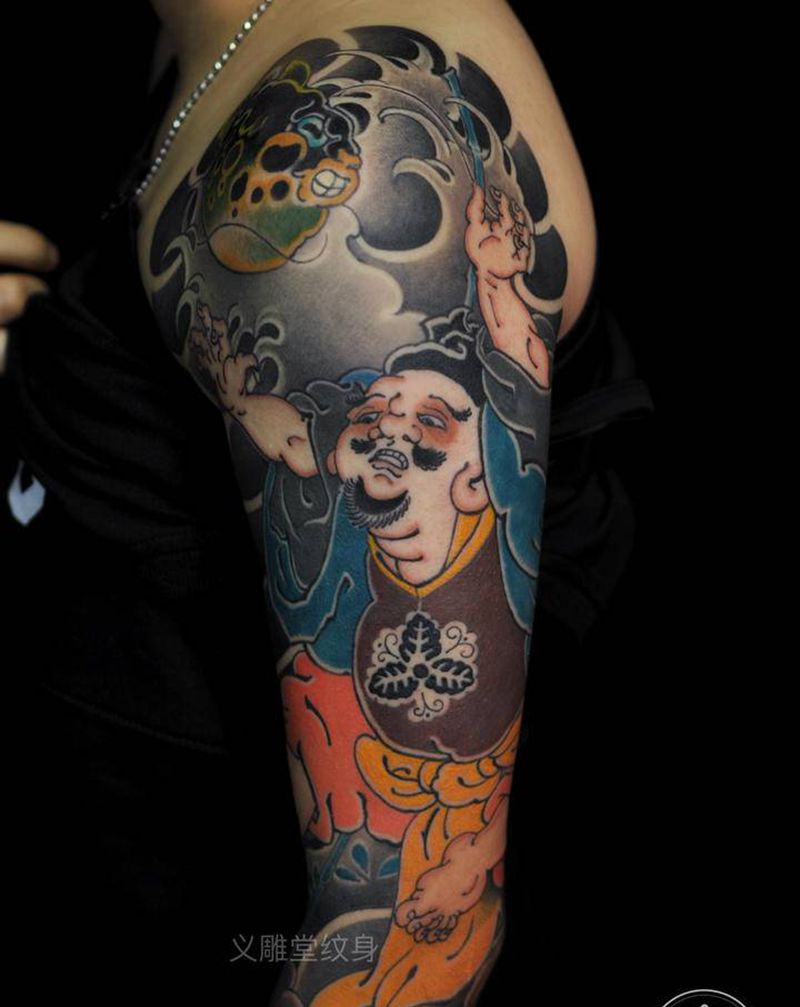 日式传统福神七分臂纹身图片_手臂老传统纹身图案