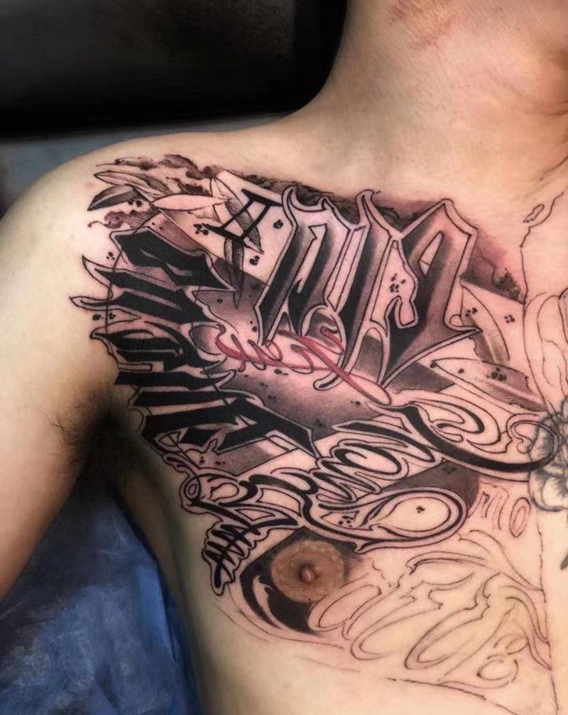 原创花体纹身图片_胸部花体字纹身图案