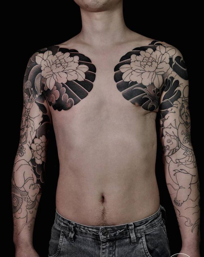 双胛福神刺青纹身图片_肩部手臂老传统纹身图案