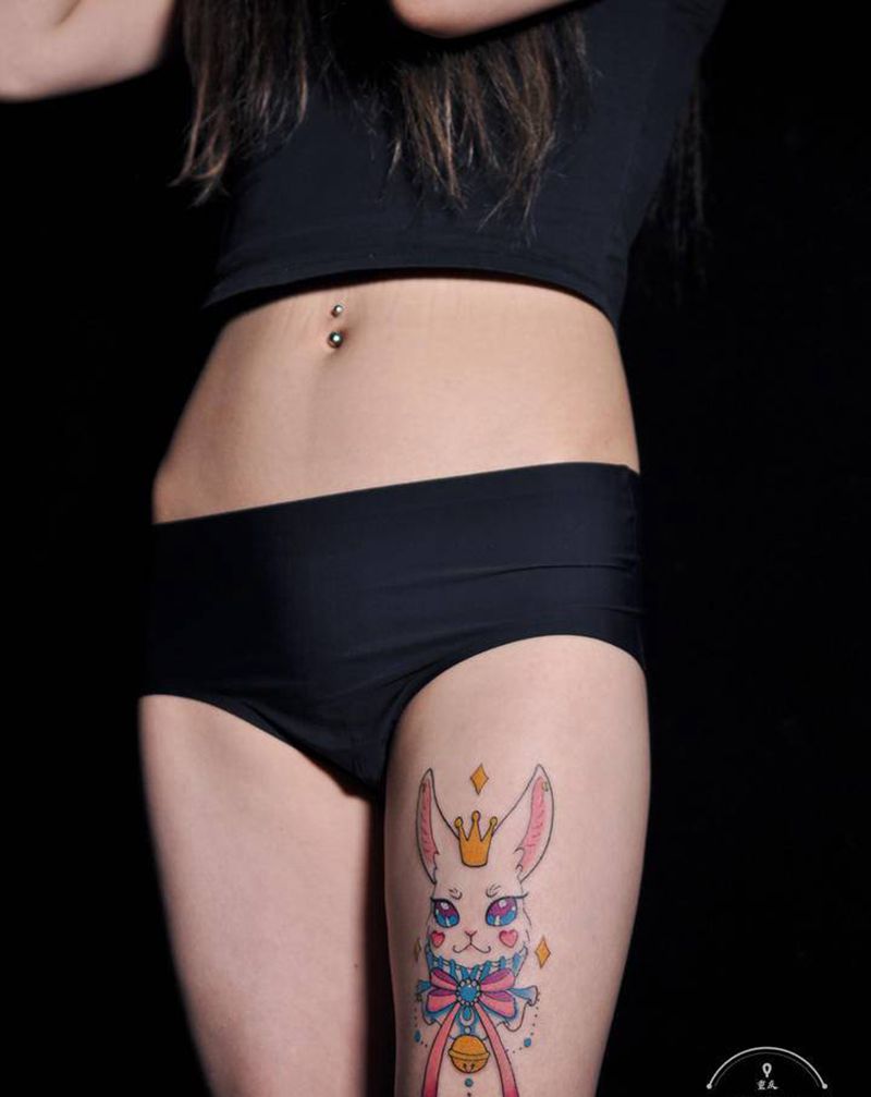 皇家兔子纹身图片_腿部新传统二次元卡通纹身图案