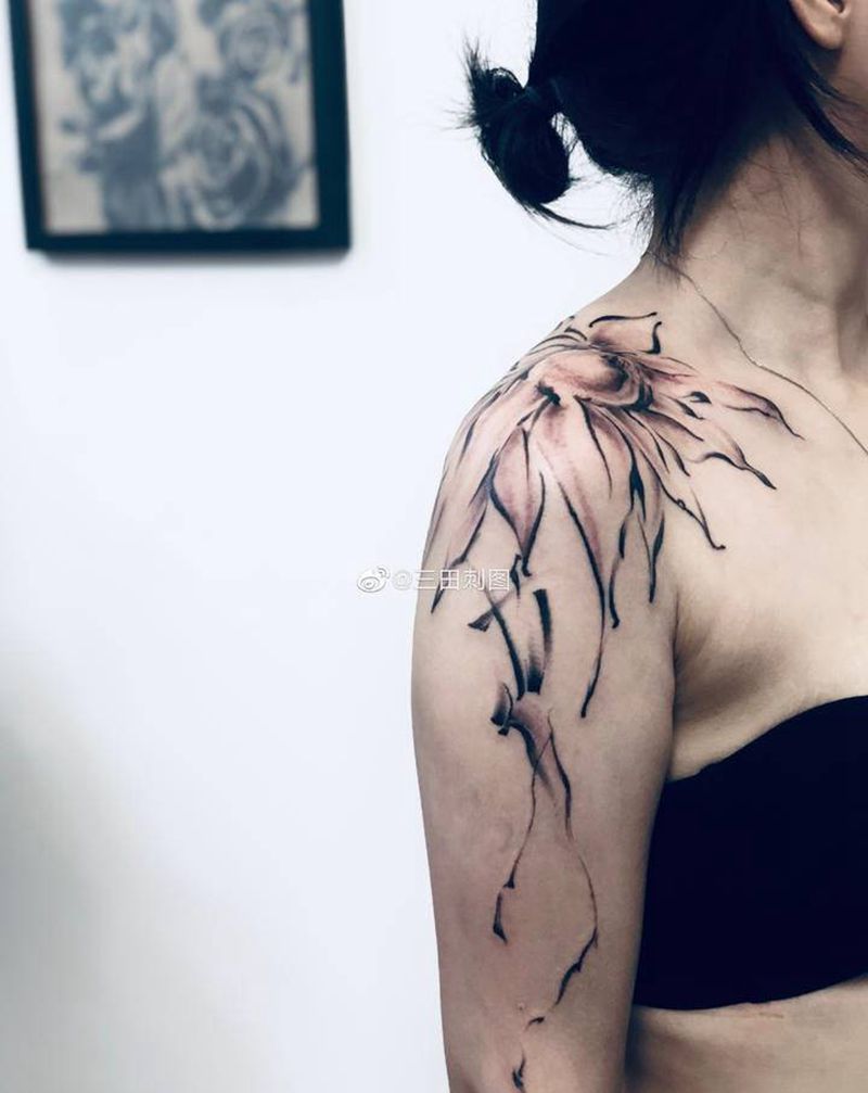 原创手绘遮盖/未完成❎纹身图片_肩部水墨纹身图案