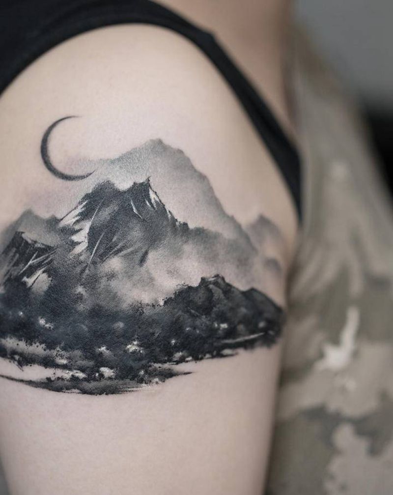 山水纹身图片_手部手臂水墨水彩纹身图案