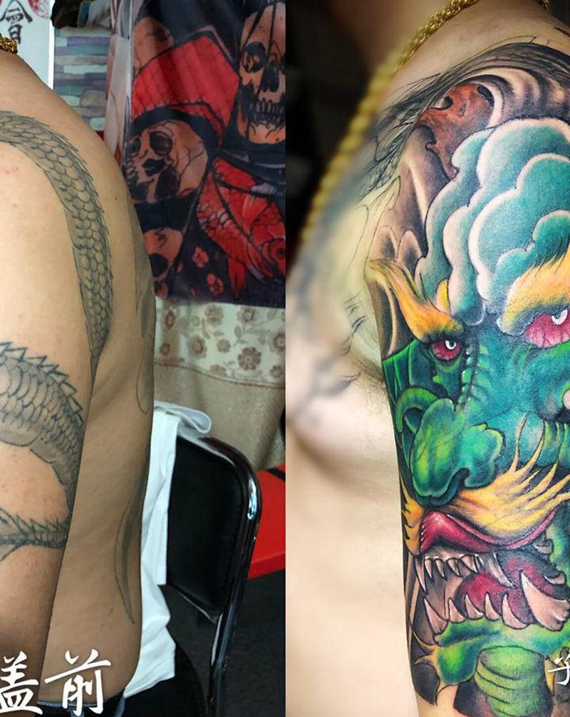 龙头遮盖纹身图片_手臂新传统龙头纹身图案