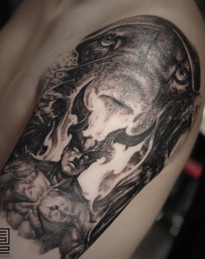 定制纹身未完纹身图片_手臂欧美写实狮子堕落天使纹身图案