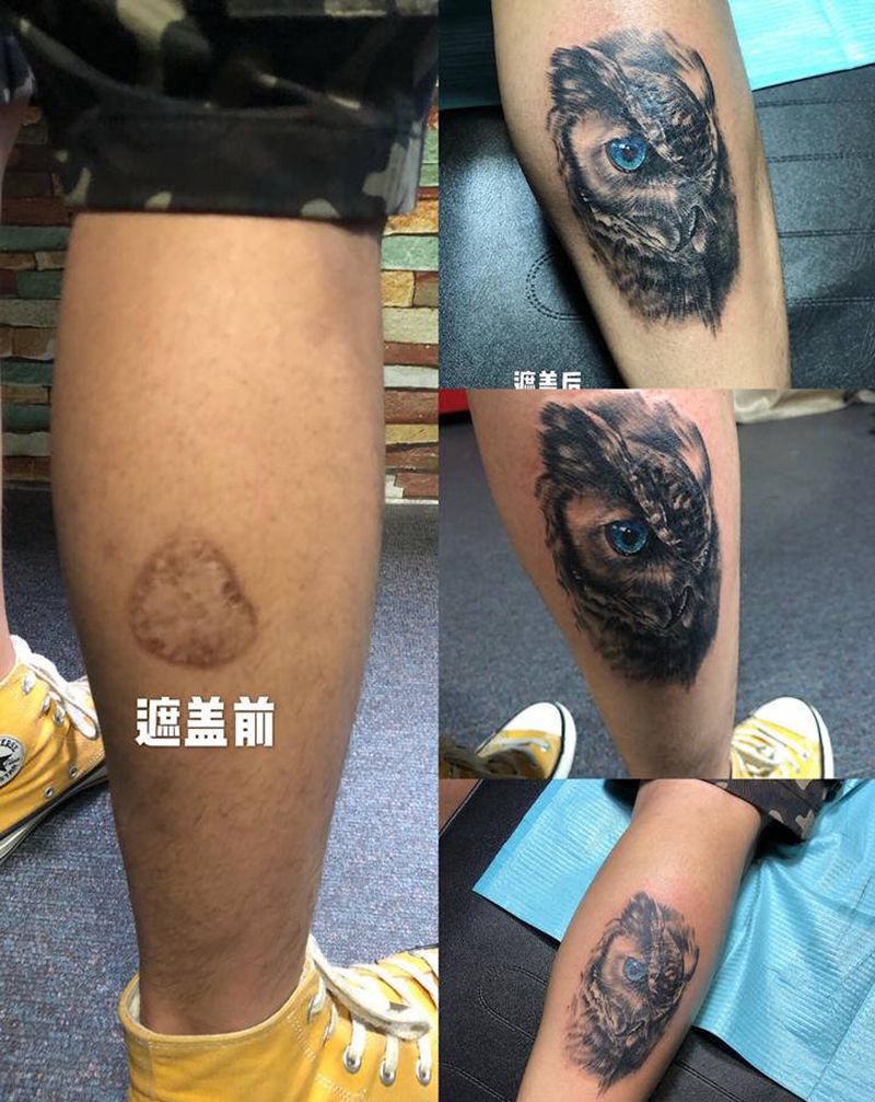 疤痕遮盖纹身图片_腿部欧美写实纹身图案