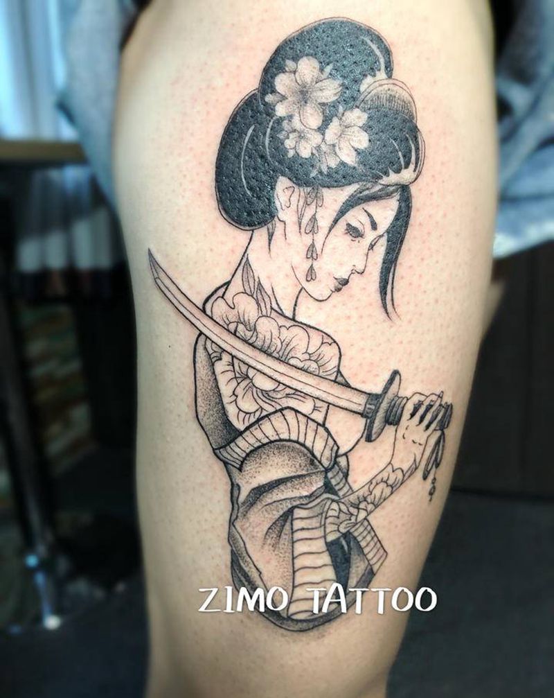 艺伎纹身图片_腿部点刺新传统纹身图案