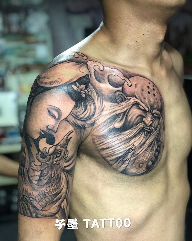 半甲纹身图片_手臂胸部新传统纹身图案